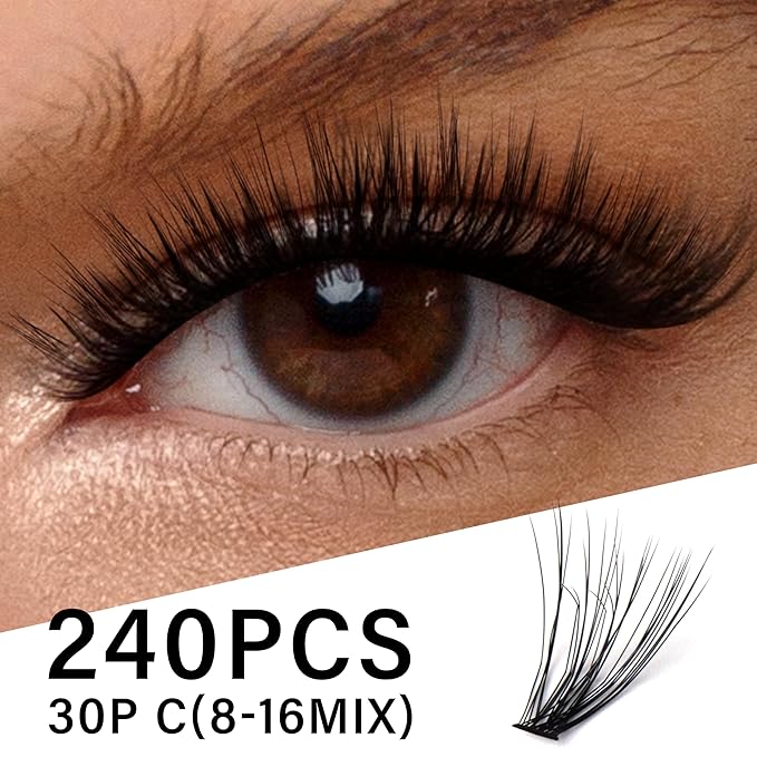 Lash Cluster 240pcs Individual Lashes,8-16mm Diy Lash Extension,C Curl Lash Clusters Wispy,3D Natural Lash Clusters Look Like Eyelash Extension DIY at Home (Orange 30P-C-8-16mix)