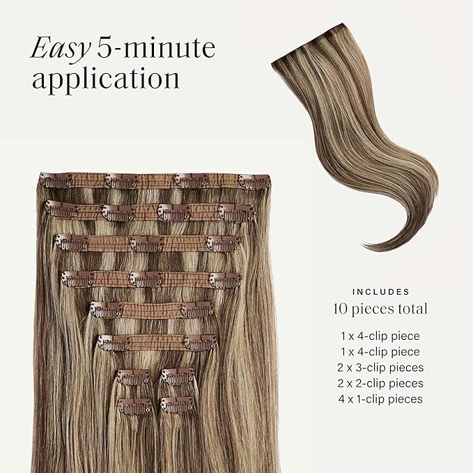 Luxy 100% Remy Human Hair, Classic 160g Clip-In Hair Extensions - 10 Wefts Multi-Dimensional Color for Natural Blending, Adds Volume & Length, Easy Apply & Remove 16" Ash Brown Highlights