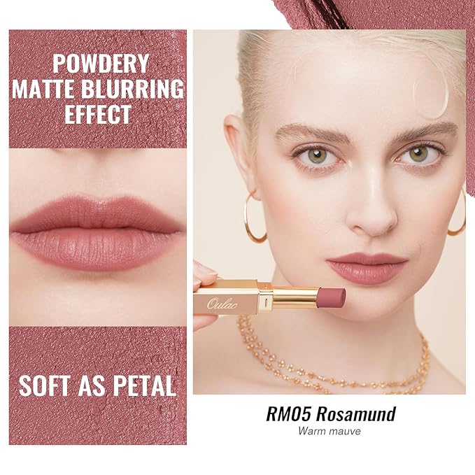 Oulac Mauve Pink Nude Matte Lipsticks for Women, Silky Velvet Matte Lipstick, Soft Smooth Texture, High Impact Lip Color, Not Dry Lightweight Formula Infused with Vitamin E, Vegan&Cruelty Free RM05