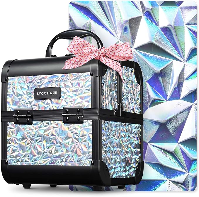 BYOOTIQUE Professional Makeup Train Case with Mirror 2-Tier Trays Nail Box Organizer Case Jewelry Storage box for Nail Tech Beauty Salon Barbershop Traveling,Mermaid Silver