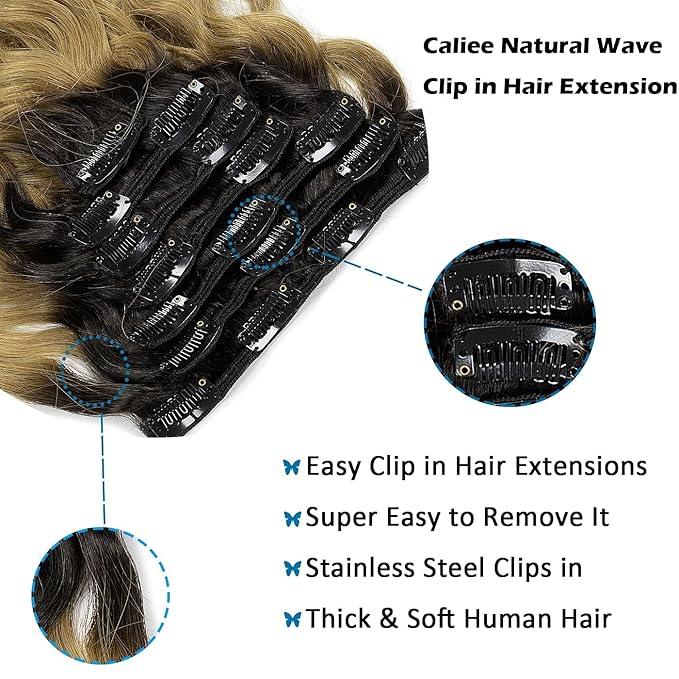 Caliee Natural Wave Human Hair Curly Clip in Hair Extensions Ombre Natural Black Fading into Strawberry Blonde Clip Ins 16Inch 120G Remy Human Hair Extensions for Black Women 7Pcs