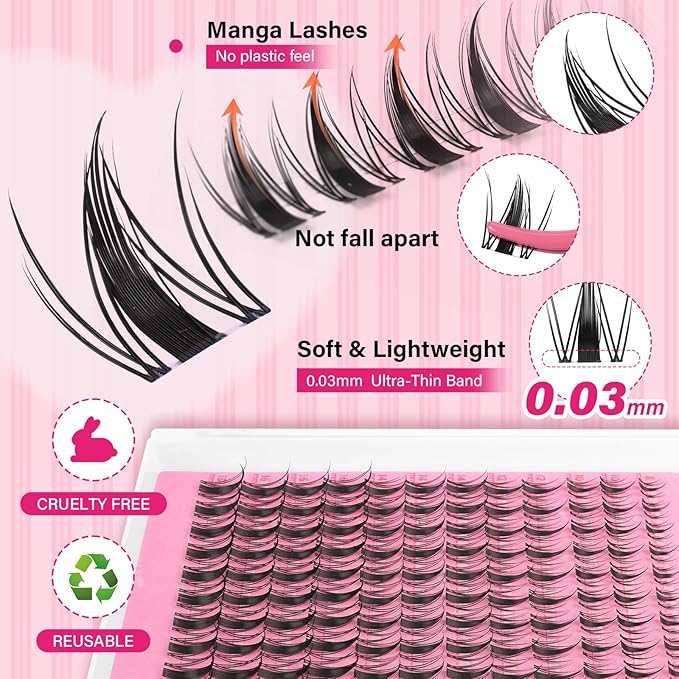PRO LASHBEAUTY Manga Lash Clusters Cluster Eyelash Extensions Natural Lash Extensions DIY Individual Lashes Clusters Wateproof Natural Look Lashes Clusters with Invisible Band (Fairy, 8-18mix)