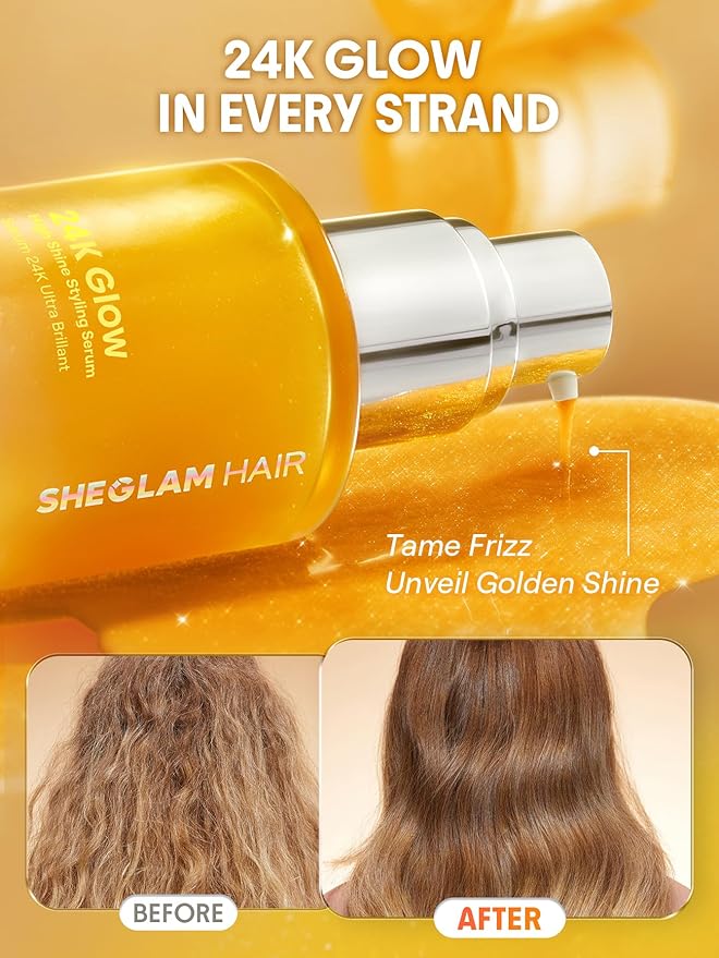 SHEGLAM HAIR 24K Glow High Shine Styling Serum 1.69 Fl Oz, 10 IN 1Hair Care Daily Essential Serum,Soften Hair With Almond Oil & Macadamia Oil For Hair Reduces Frizz And Damage,Adds Shine