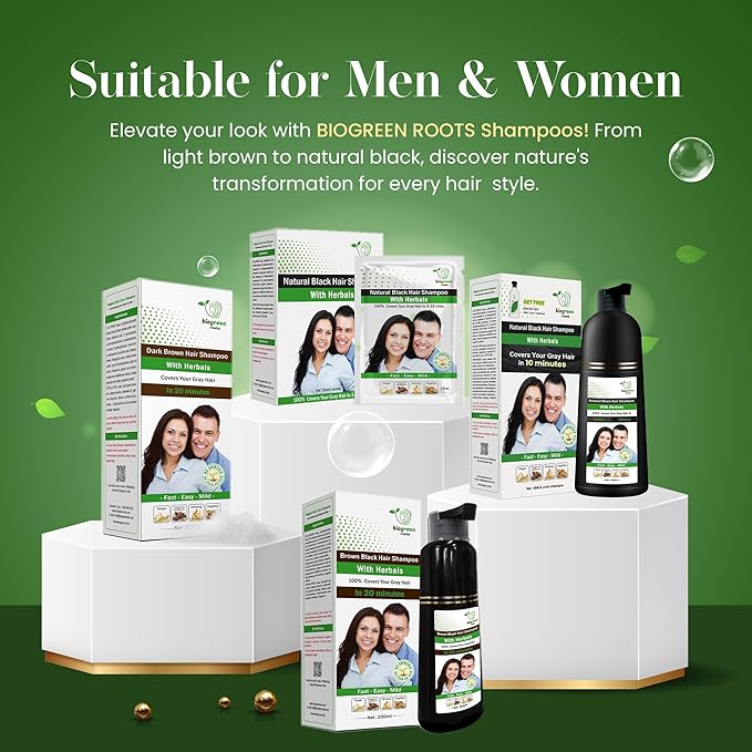 Ammonia-Free & Paraben Free Herbal Hair Shampoo - Hair Dye Shampoo for Women & Men - Natural Color & Herbal Nourishment - No Stain on Skin - Natural Black (20 sachets x 25 ml)
