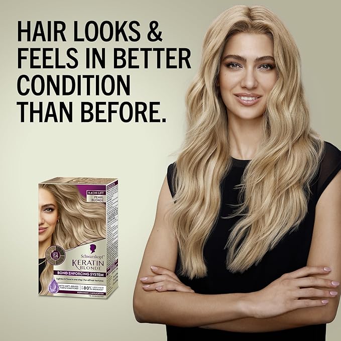 Schwarzkopf Keratin Blonde Hair Dye, 11.4 Pearl Blonde, Professional Quality Hi-Lift Permanent Hair Color, Bond Enforcing System Helps Prevent Breakage* Pre-Color Serum & Purple Conditioner Included