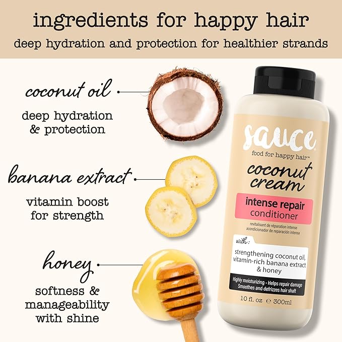 SAUCE BEAUTY Coconut Cream Conditioner for Dry, Damaged, Frizzy, Curly Hair with Coconut Oil, Paraben & Sulfate-Free, 10 Fl Oz | Intense Repair, for Dry, Revitalizing, Banana, Honey