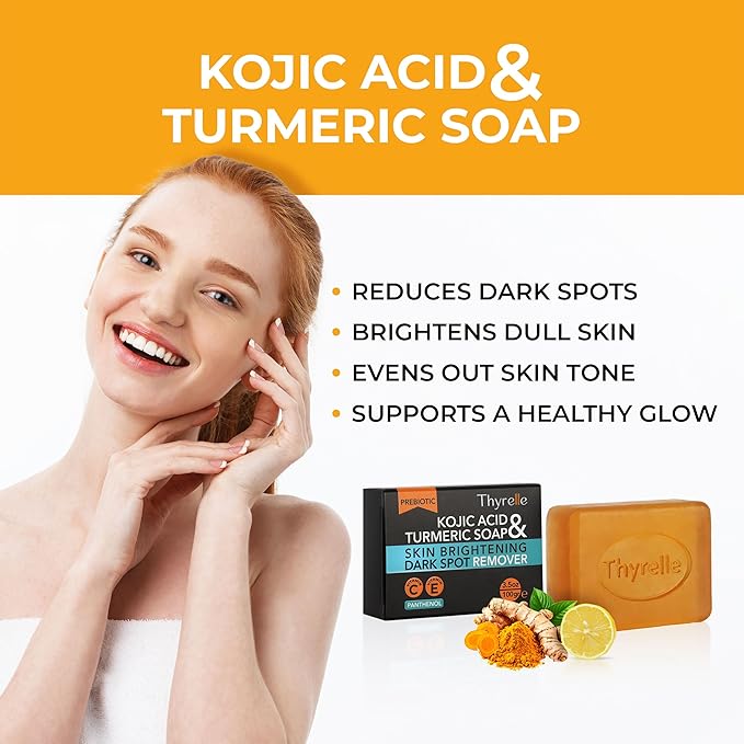 Kojic Acid and Turmeric Soap (3.5 oz) I Kojic Acid Soap for Body and Face I Turmeric soap bar with Panthenol, Vitamin C, Vitamin E and Prebiotics