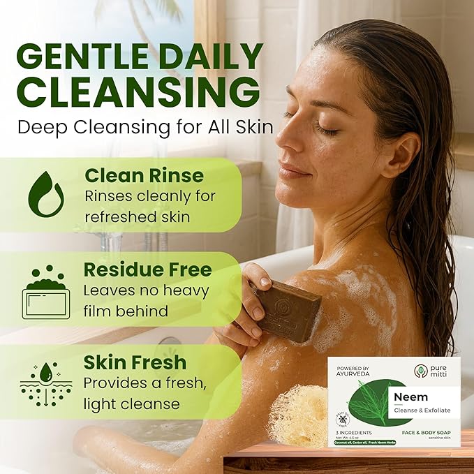 Neem Face, Body Bar Soap 4.5 oz, 3 Pack | Ayurvedic Exfoliating, Cleansing Bar with Coconut Oil, Castor Oil | Gentle Bath Soaps for Face Wash, Body Wash | Soft Soap for Daily Use, All Skins