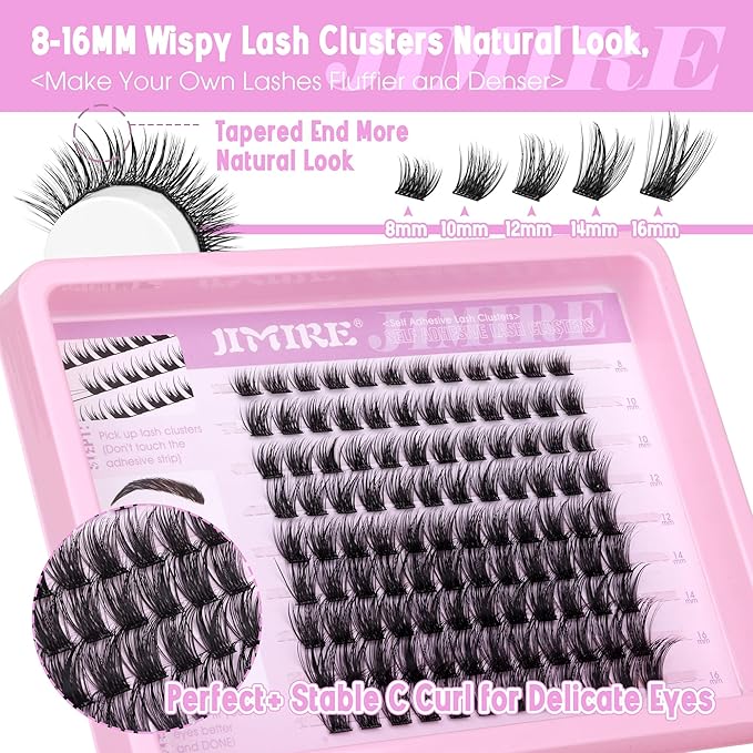 JIMIRE Self Adhesive Eyelashes Natural Wispy 8-16MM Pre Glued Lash Clusters No Glue Needed Press on Lashes Reusable Self Adhesive Lashes Classic Eyelash Clusters Easy to Apply