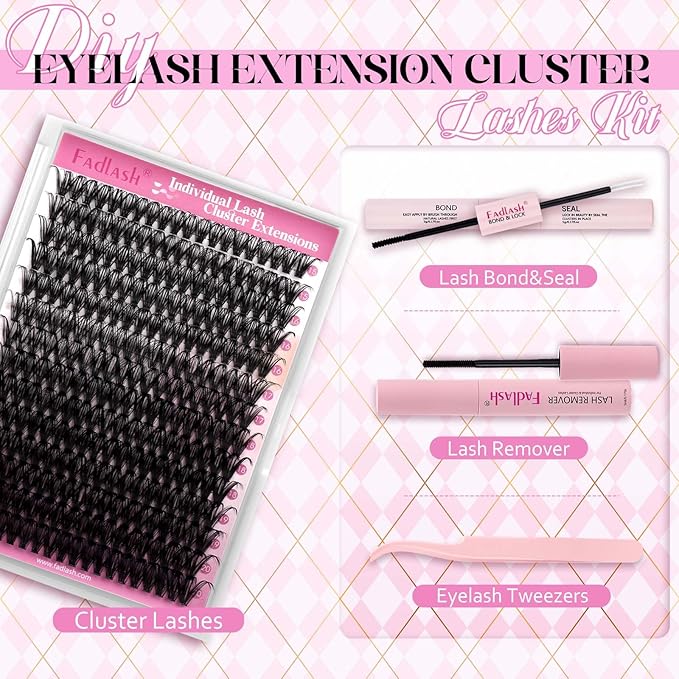 DIY Lash Extension Kit Individual Lashes Clusters Lash Bond and Seal, Clusters Lash Glue Remover and Eyelash Tweezers for Eyelash Extensions Home Use (40D-0.07D, 15-20mm, Kit)