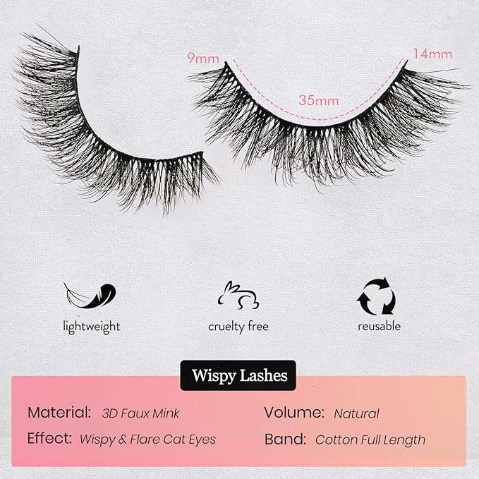 Wispy Lashes Natural False Eyelashes 14 Pairs Cat Eye Lashes Strips 9-14mm Fake Mink Lash Pack Wispies Strip Eyelash Short Small Fluffy Pestañas Postizas for Everyday Wear