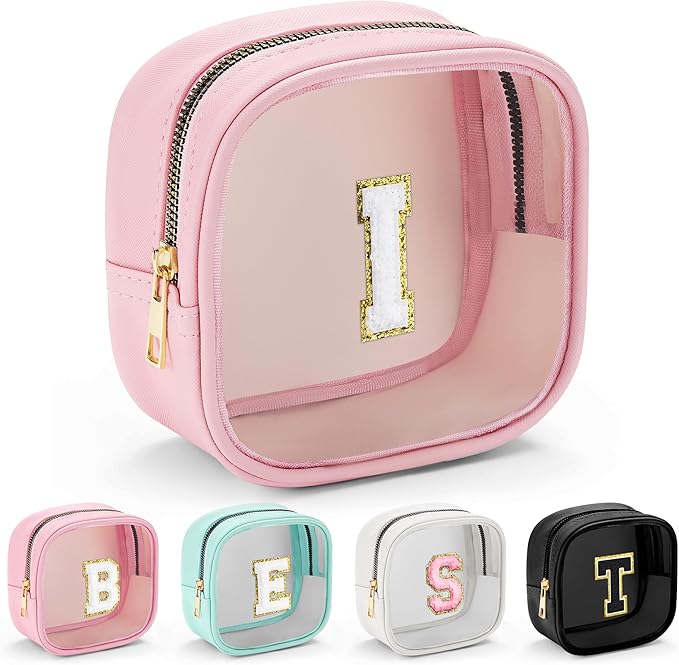 YOOLIFE Initial Make Up Bag Travel Toiletry Bag, Clear Makeup Bag Preppy Cosmetic Bags Organizer Travel Essentials Gifts for Women Teen Girlfriend Teacher Mom Birthday Mothers Day Gifts