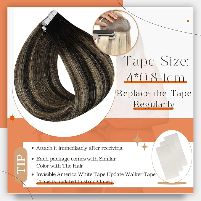 Full Shine Tape in Hair Extensions Human Hair Color 1B Black Ombre 27 Blonde And 1B Remy Hair Extensions Real Human Hair 24Inch Invisible Extension 50G 20Pcs for Natural Look