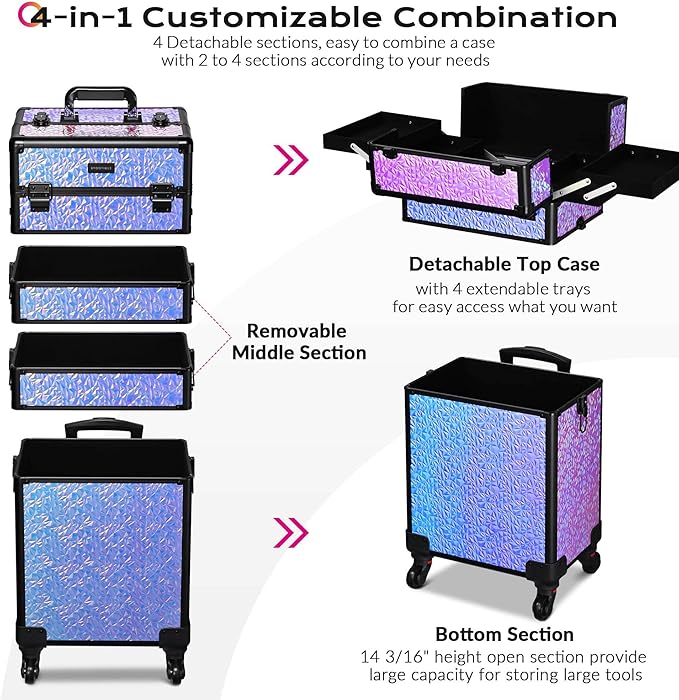 BYOOTIQUE 4in1 Rolling Makeup Case on wheels Nail Traveling Organizer box False Eyelash Storage for Nail Technician Beauty Salon Barbershop Hairstylist,Mermaid Purple