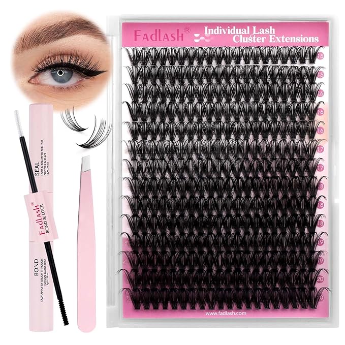 FADLASH DIY Lash Extension Kit Individual Lashes Cluster D Curl Eyelash Extension Kit with Lash Bond and Seal and Lash Applicator Tool for Self Application at Home (40D-0.07D-15-20MIX KIT)