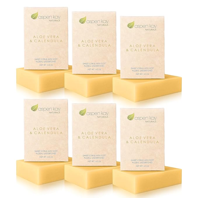Aloe Vera & Calendula Soap, Natural & Organic Ingredients, Organic Aloe Vera, Calendula & Turmeric Soap. Use for Face & Body. for Men, Women & Teens. Gentle Face Wash. (Pack of 6)