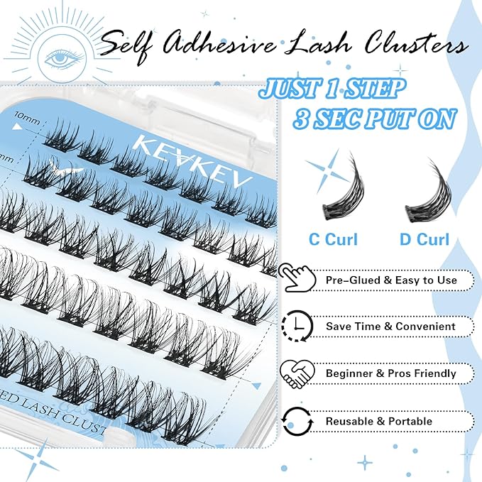 KevKev Self Adhesive Eyelashes 40Pcs Press On Lashes No Glue Needed Self Adhesive Lash Clusters Reusable Pre-Glued Eyelashes with Tweezers DIY Lash Extension Kit for Beginners (Blizzard, D-10-18mix)