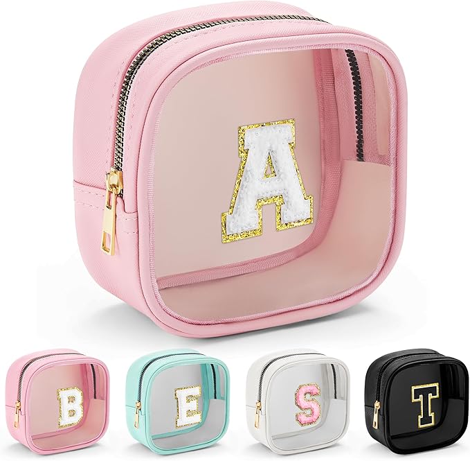 YOOLIFE Initial Mini Makeup Bag | Make Up Bag Travel Toiletry Bag | Clear Makeup Bag | Preppy Cosmetic Bags Organizer Travel Essentials Gifts for Women Teen Girlfriend Teacher Birthday Gifts Pink A