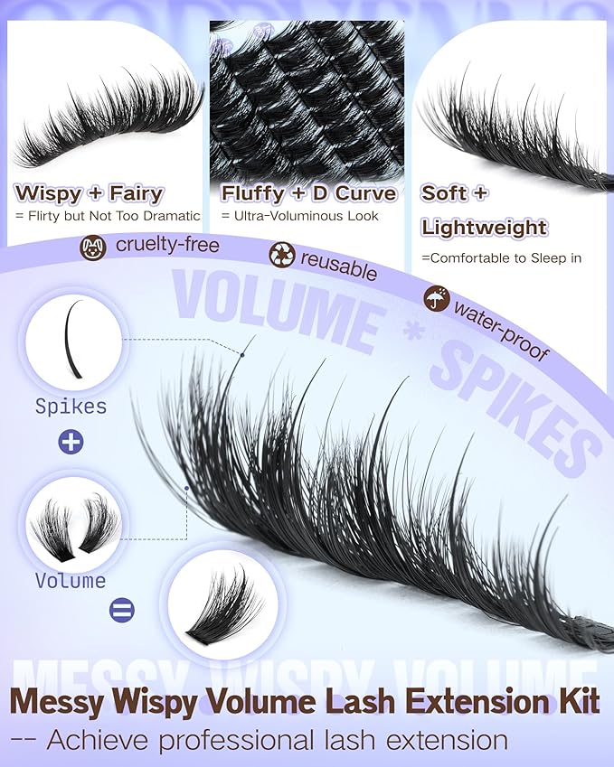Fairy Lash Clusters Kit Wispy Volume Eyelash Clusters with Spikes Manga Cluster Eyelash Extensions Kit D Curl Fluffy Anime Individual Lash Extension Kit With Waterproof Lash Cluster Glue