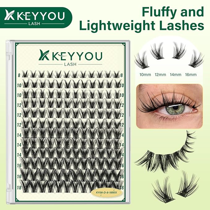 KEYYOULASH Lash Clusters Manga Lash Extension D Curl 144pcs 8-18mm Wispy Eyelash Clusters Natural Volume Eyelash Extensions Individual Lashes DIY at Home(KY08,D-8-18MIX)