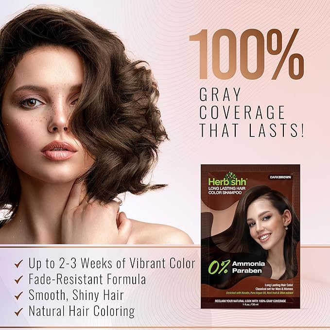 Herbishh Travel Pack Hair Dye Color Shampoo in Sachet + 1pc Argan Hair Mask Sachet (Dark brown, 5 sachets)