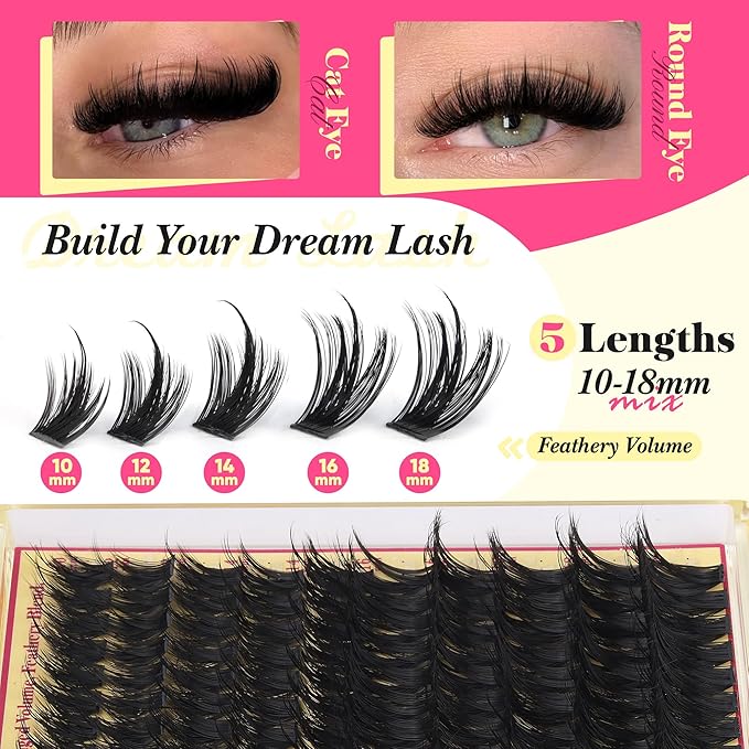 Volume Lash Clusters with Spiky Manga Lash Clusters 200D Eyelash Clusters 10-18MM Thick D Curl Cluster Eyelash Extensions 3D Wispy Cluster Eyelash Extensions by FANXITON