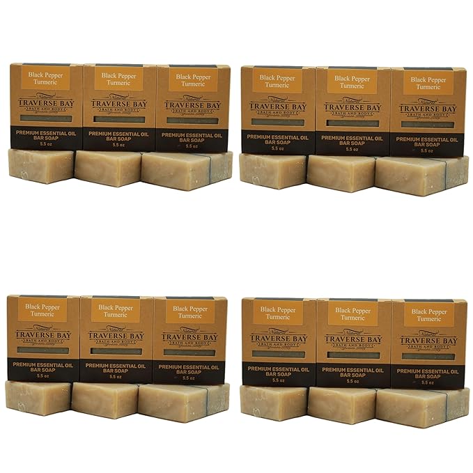 Traverse Bay Bath and Body Black Pepper Turmeric Soap, All Natural Cold Process Essential Oil, Spicy Ginger Pepper Scent, 12 Bars, 66+ oz