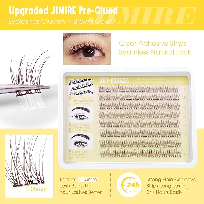 JIMIRE Brown Self-Adhesive Eyelashes Press on Lashes Clusters, Natural Look Pre-Glued Lash Clusters No Glue Needed Wispy 10-12MM Individual Lashes Brown Cluster Eyelash Extensions