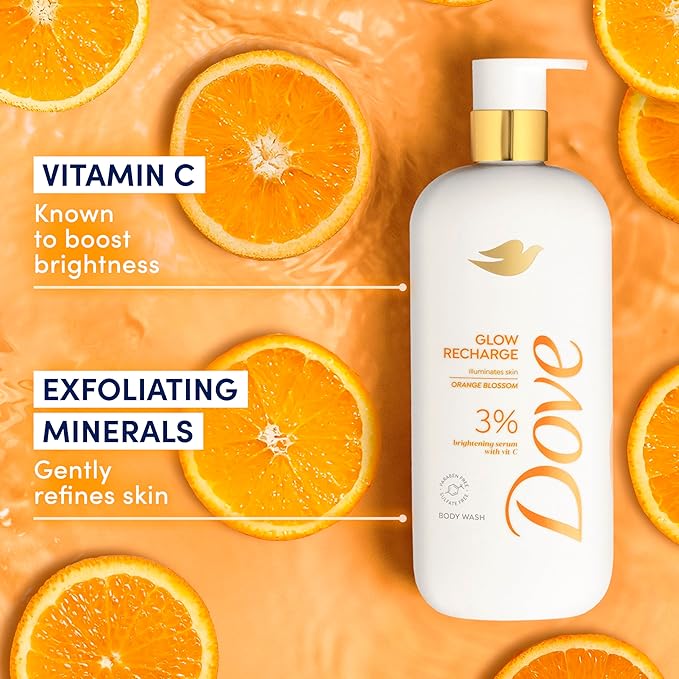 Dove Serum Body Wash Glow Recharge illuminates & Exfoliates skin with brightening Vitamin C Serum 18.5 Fl Oz