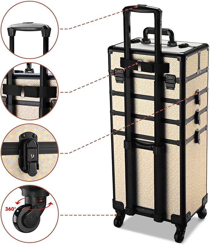 BYOOTIQUE Rolling Makeup Train Case on Wheels 4in1 Cosmetology Art Deco Pastel