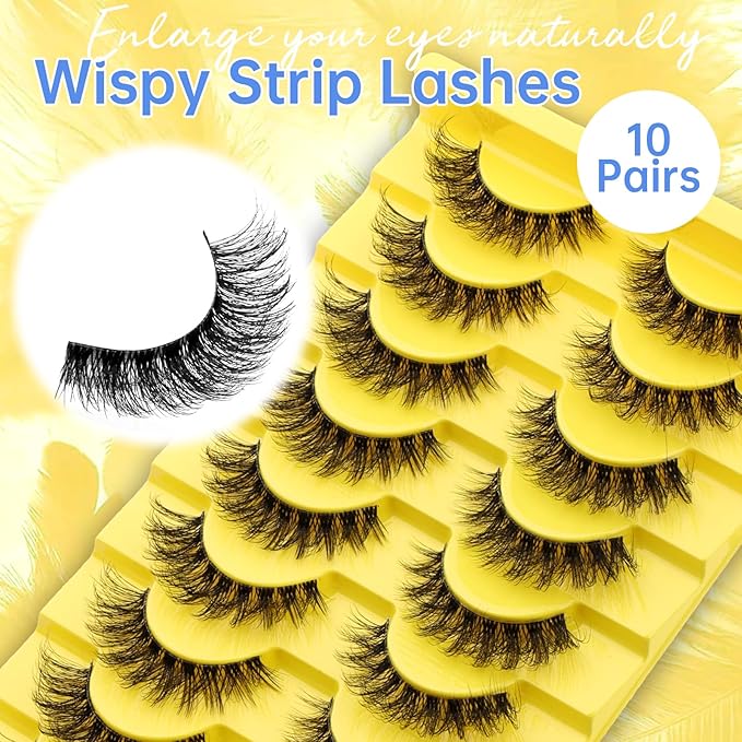 Fake Eyelashes 3D Effect Strip Lashes Wispy False Lashes Mink False Eyelashes By GEMERRY(10 Pairs, A05)