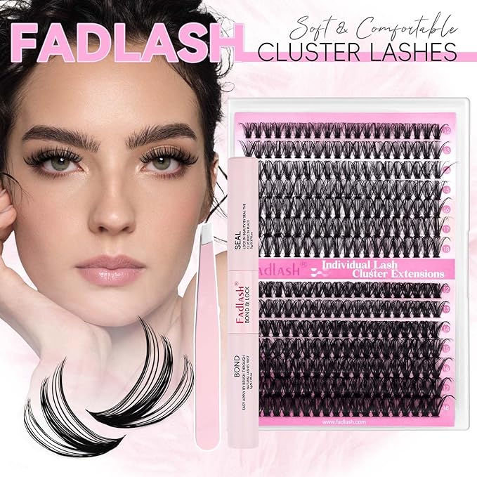 FADLASH DIY Lash Extension Kit Individual Lashes Cluster D Curl Eyelash Extension Kit with Lash Bond and Seal and Lash Applicator Tool for Self Application at Home (40D+50D-0.07D-12-18MIX KIT)
