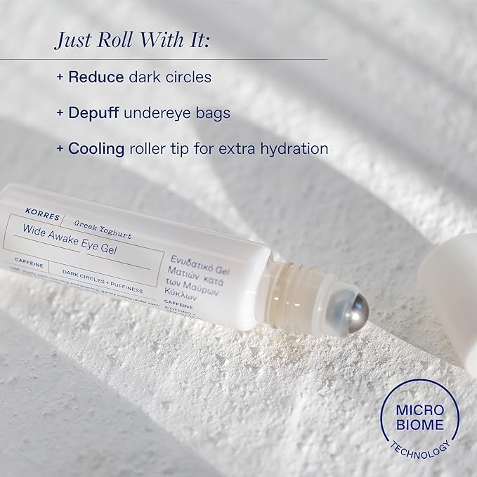 KORRES Greek Yoghurt Wide Awake Eye Gel Serum with Hyaluronic Acid & Caffeine for Dark Circles & Puffy Eyes, Roller Ball, Brightening & Hydrating, 0.51 fl oz, Stocking Stuffer