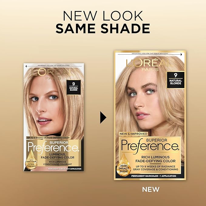 L'Oreal Paris Superior Preference Luminous Fade-Defying Permanent Hair Color, Hair Dye For Up to 9 Weeks of Radiance, Natural Blonde 9, 1 Hair Dye Kit