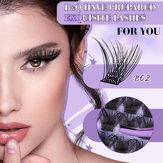 B&Q Wispy Lash Clusters Kit B02, DIY Lash Extension Kit 156PCS Eyelash Extension Kit, Soft Natural Lash Clusters 8-18MIX D Curl Lash cluster, Thin Black Band Cluster Eyelash Extensions (B02 Set)