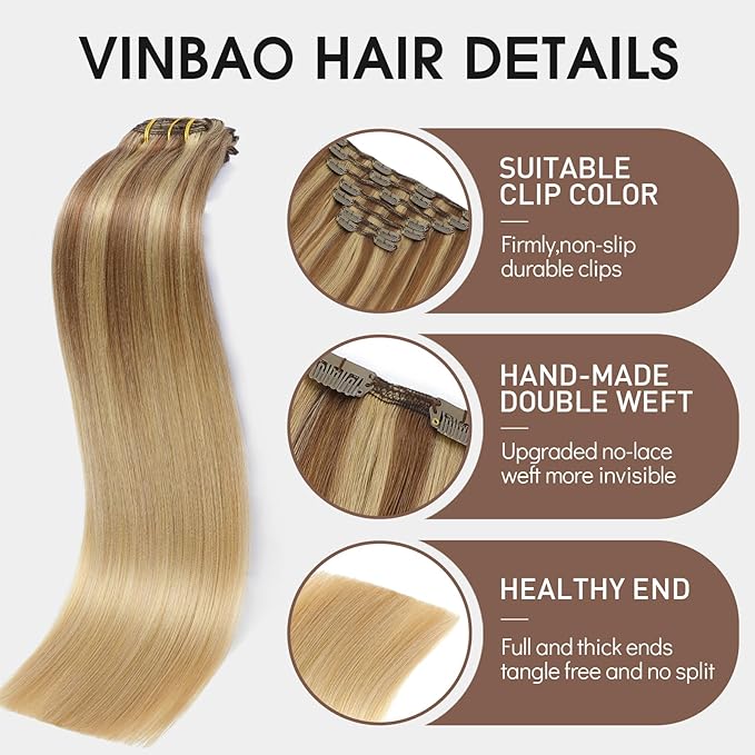 VINBAO Clip in Hair Extensions Human Hair Balayage Ash Blonde with Bleach Blonde Highlight Hair Extensions Clip in Human Hair Double Weft 160g 7 Pcs 20inch (#HC101616,20'')