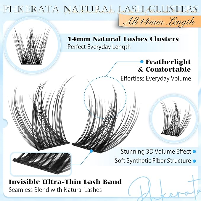14mm Natural Cluster Lashes Wispy Eyelash Clusters DIY Individual Lashes C Curvature Eyelash Extensions for Daily Wear with Soft Lash Band