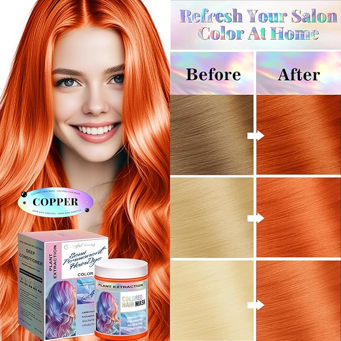 Vegan Semi Permanent Hair Color Mask - 10.15OZ Color Depositing Conditioner for Color-Treated Hair - Ammonia, Paraben, Sulfate & Cruelty-Free - Plant-Based Enhances Tones Hair (COPPER)