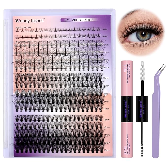 DIY Lash Extension Kit Lash Clusters With Bottom Lashes 20/30/40/50D 12-18mm Multi-types Individual Lashes Bond and Seal, Spike, Volume Lashes Kit Lash Applicator(20/30 Kit)