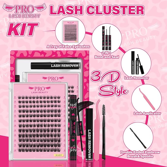 Wispy Lash Clusters Kit Spikes Eyelash Clusters Kit 3D Effect Eyelash Extensions Kit with Remover for Lash Extension, Bond,Seal and Tweezers by PRO
