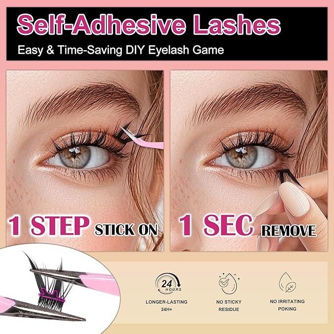 JoMay Self Adhesive Eyelashes, Press On No Glue Needed, Pre-Glued Clusters, Natural Look with Thin Band, Reusable for Beginners, Pre-Separated L/R 10 Pairs - Flutter Lite Lash Clusters