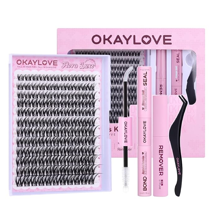 OKAYLOVE Natural Lash Clusters, Flora Luxe 8-18mm DIY Wispy Cluster Eyelash Extensions Kit, 132pcs CC Curl Black Cotton Band Individual Lashes with Lashes Bond and Seal, Remover, Lash Tweezers