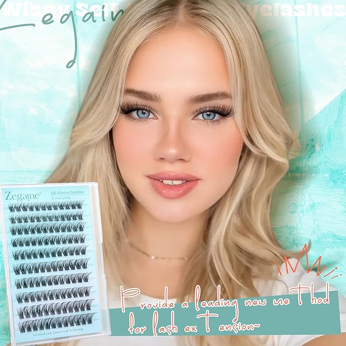 Zegaine Self Adhesive Eyelashes Natural Self Adhesive Lash Clusters Wispy Pre Glued Lashes Natural Look Cluster Eyelash Extensions C-Curly Glueless Lash Clusters Reusable No Glue Needed 10-16MM 120Pcs