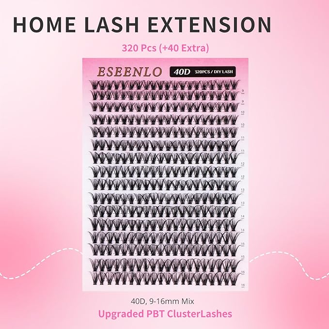Lash Extension Refills, 320pcs DIY Eyelash Extension 9-16mm Mix, 40D 50D Curl Individual Lash Clusters