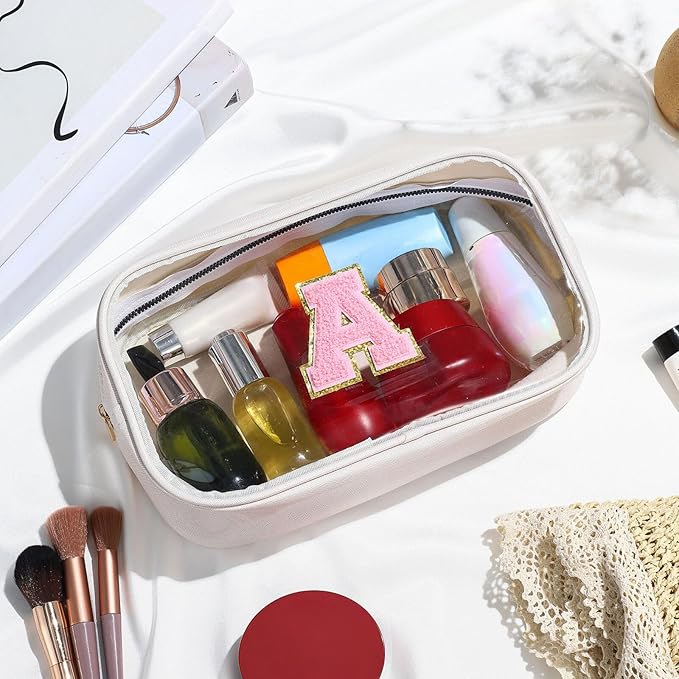 YOOLIFE Initial Make Up Bag Travel Toiletry Bag, Clear Makeup Bag Preppy Cosmetic Bag Clear Makeup Bags With Zipper Girlfriend Teacher 6 Year Old Girl Gifts Daughter Gifts Swim Gifts For Girls White P