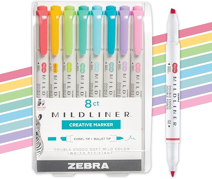 Zebra Pen Mildliner Dual-Tip Highlighters, Broad and Fine Tips, Ideal for Bible Highlighting, No Bleed, School Supplies and Teacher Supplies, Assorted Soft Hue Ink Colors, 8-Pack (78108)