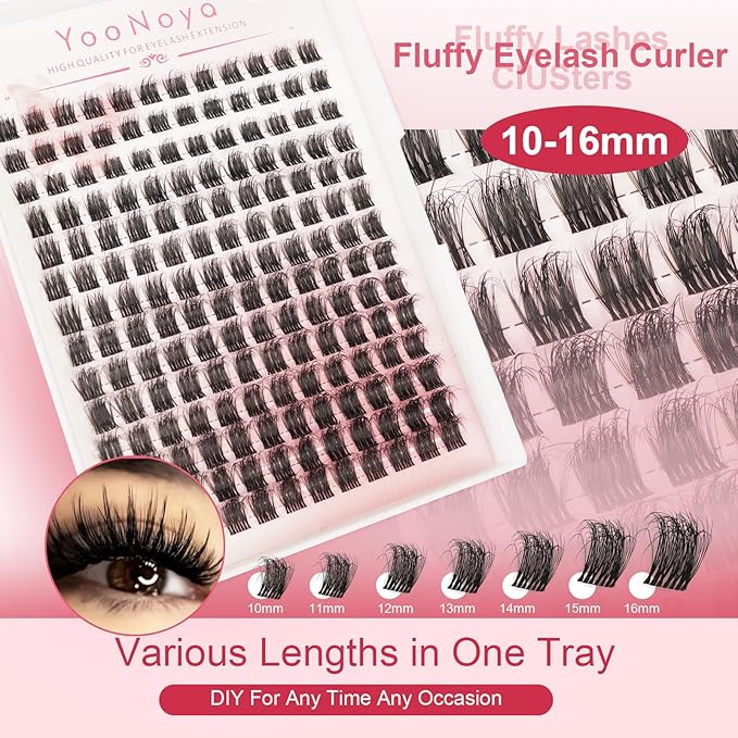 Lash Clusters 168 PCS 10-16mm Thick Eyelash Clusters D Curl Fluffy Cluster Eyelash Extensions Natural Cluster Lashes Reusable Volume Lashes Extension with Clear Lashes Band (QC-10-16mm-168PCS)