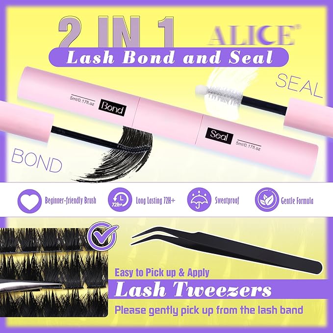 ALICE Fluffier Volume Lash Clusters Kit - Wispy Eyelash Clusters Kit 204pcs Thick 100D Spiky Russian D-Curly Anime Eyelash Extension Kit - Individual Lashes Kit with Lash Glue for DIY at Home