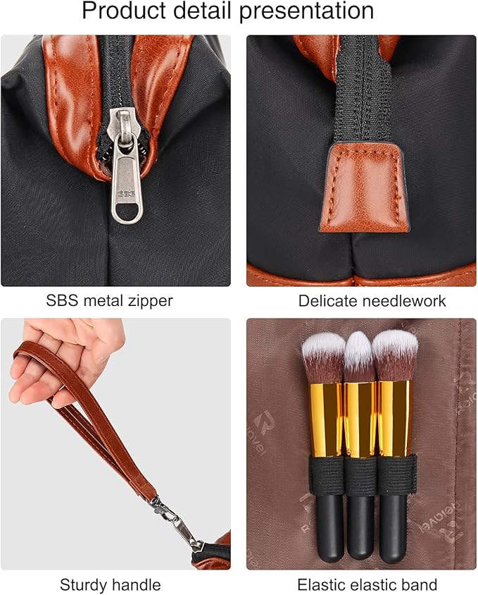 Relavel Travel Makeup Bag, Cosmetic Bag Makeup Organizer Bag Zipper Pouch for Purse Large Capacity Toiletry Bag Portable Waterproof Travel Accessories Skincare Make Up Bag (Brown), 1-Small