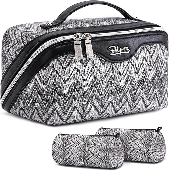 BOYATU Travel Makeup Bag for Women: Western Boho Make up Bag Set of 3 - Large Capacity Vegan Leather Cosmetic Bag - Waterproof Toiletry Bag with Compartments & Handle & Divider(J-3-Black)